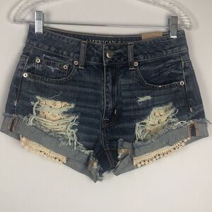 NEW AEO Distressed High Rise Embroidered Festival 100% Cotton Size 2 Jean Shorts